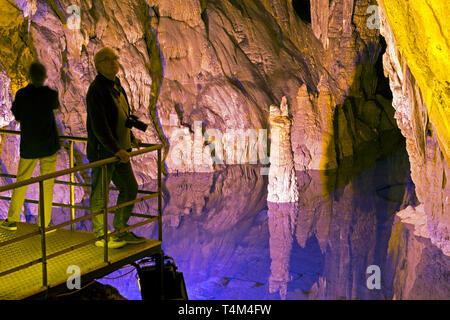 little lake inside Dim Magarasi flowstone cave, Kestel, Alanya, Antalya Province, Turkey Stock Photo