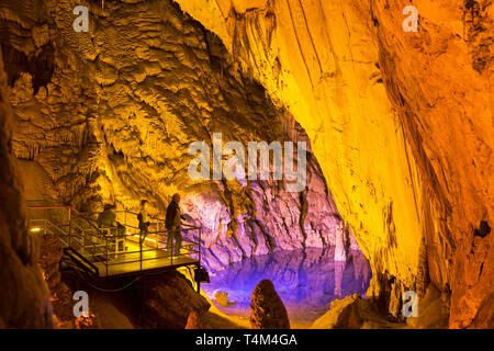 little lake inside Dim Magarasi flowstone cave, Kestel, Alanya, Antalya Province, Turkey Stock Photo