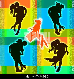 A collection of vector silhouettes of men and women, couples, single woman. Plots: love, friendship, rest, meeting, walking. Can be templates for the  Stock Vector