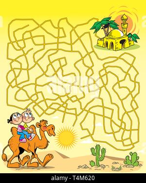 In vector illustration, a puzzle with children on a camel, who must find a way to an oasis through a maze Stock Vector