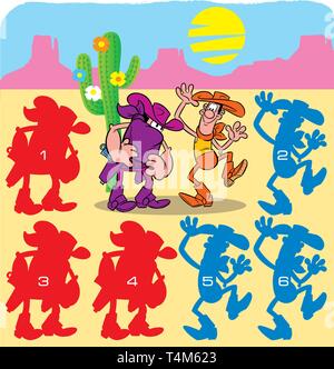 In vector illustration puzzle with cartoon cowboys, where you need to find the right silhouette Stock Vector