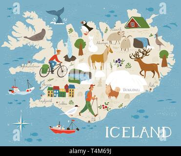Vector high detailed vector map of Iceland with animals and landscapes. Animals of north.  Stock Vector
