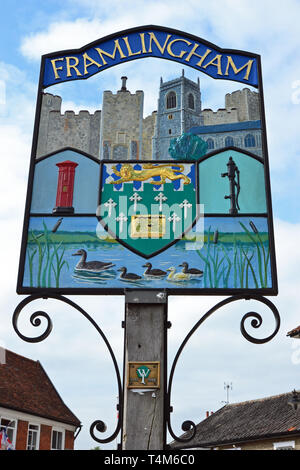 Village sign at Framlingham, Suffolk, UK Stock Photo