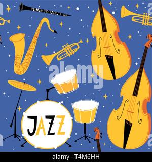 Vector jazz seamless pattern in flat vintage style Stock Vector