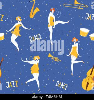 Vector dance seamless pattern with cute dancing women Stock Vector