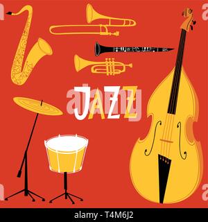 Vector jazz poster with musical instruments in flat retro style. Stock Vector
