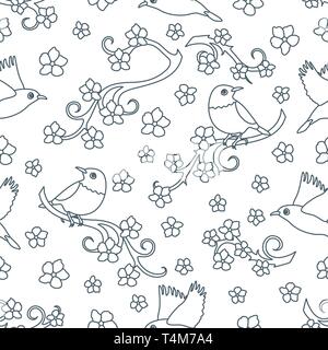 Seamless pattern with sakura branches, birds. Japan nature. Branches of cherry blossoms. Design for card, announcement, advertisement, banner or print Stock Vector