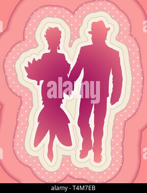 Decorative illustration in the style of paper cut. Depicts the silhouette of an elegant couple in evening wear. Woman and man go holding hands. Stock Vector