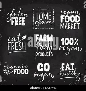 Vecot set of vegetarian hand drawn letterings on blackboard.  Stock Vector