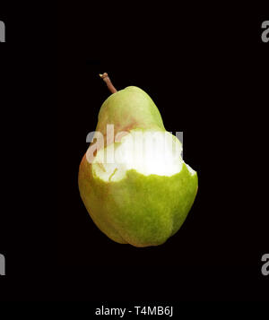 A green pear, species of genus Pyrus in the family Rosaceae, bearing the pomaceous fruit of the same name, with a bite on black background. Stock Photo