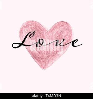 Rose gold hand painted heart with Love text on pink background. Sweet card design template. Pink heart banner. Stock Vector