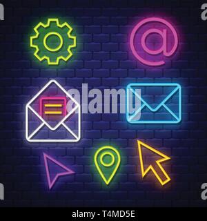Internet communication neon signs collection. Internet communications signs. Neon sign. Vector Stock Vector
