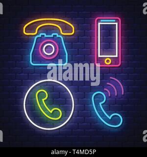 Phone communication neon signs collection. Phone communication signs. Neon signs. Vector Stock Vector