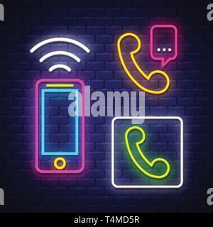 Phone communication neon signs collection. Phone communication signs. Neon signs. Vector Stock Vector
