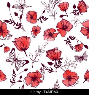 Butterflies and Poppies illustrations seamless vector background Stock Vector