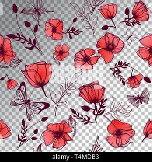 Butterflies and Poppies illustrations transparent vector background Stock Vector