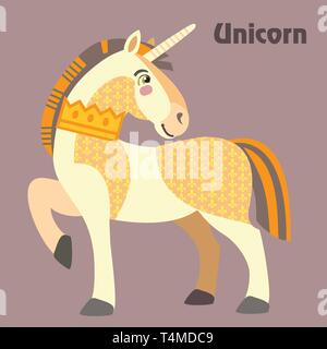 Colorful decorative outline standing in profile Unicorn with crown on his neck. Vector cartoon flat illustration in different colors with seamless pat Stock Vector