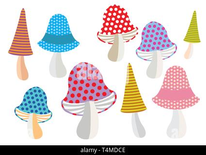 Colorful decorative outline funny mushrooms with seamless pattern forms. Vector cartoon flat illustration in different colors with seamless pattern el Stock Vector