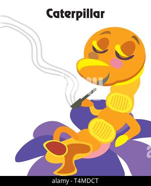 Colorful decorative outline portrait of Caterpillar smoking a pipe on flower. Alice in Wonderland, vector cartoon flat illustration in different color Stock Vector