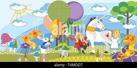 Alice in Wonderland. Colorful vector cartoon flat illustration with seamless pattern elements isolated on white background. Alice, Mad Hatter,White ra Stock Vector