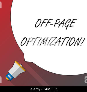 Handwriting text Off Page Optimization. Conceptual photo set of techniques to increase your website s is ranking Huge Blank White Speech Bubble Occupy Stock Photo
