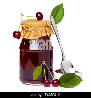 Cherry jam jar isolated on white Stock Photo