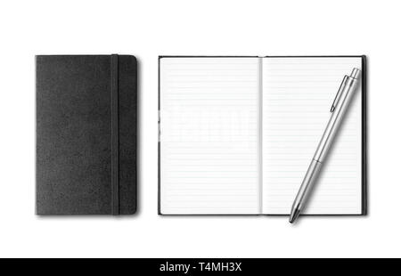 Black closed and open notebooks with pen isolated on white background Stock Photo
