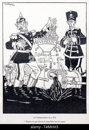 WW1 caricature by artist Carlin showing Prussian Crown Prince / Kronprinz Wilhelm von Preußen and Kaiser Wilhelm II destroying German toy soldiers Stock Photo
