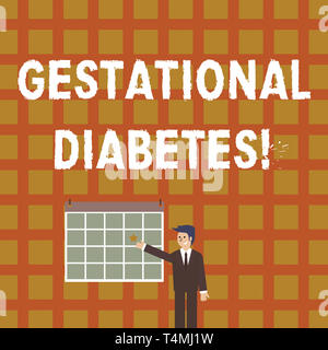 Handwriting text Gestational Diabetes. Conceptual photo elevated level of glucose in the blood during pregnancy Businessman Smiling and Pointing to Co Stock Photo