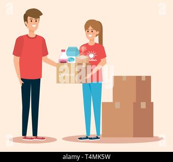 boy and girl volunteers with boxes donation Stock Vector