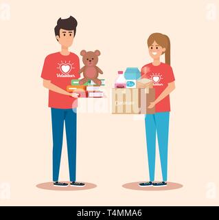 boy and girl volunteers with box and teddy with books Stock Vector