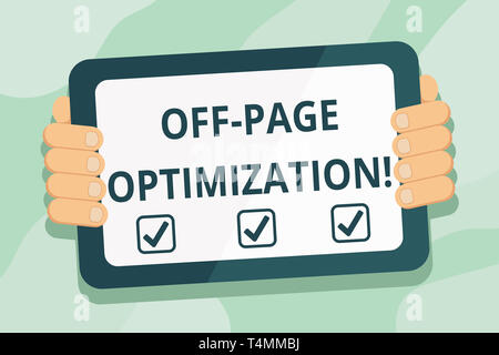 Handwriting text Off Page Optimization. Conceptual photo set of techniques to increase your website s is ranking Color Tablet Smartphone with Blank Sc Stock Photo