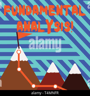 Conceptual hand writing showing Fundamental Analysis. Concept meaning the analysis of a business s is financial statements Three Mountains with Hiking Stock Photo