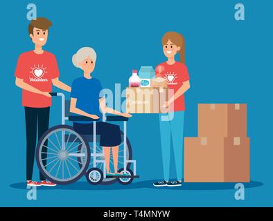 girl and boy with old woman and box donation Stock Vector