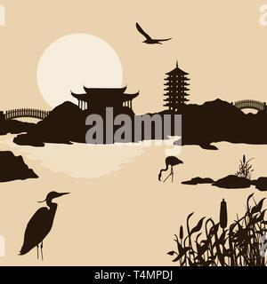 Beautiful asian landscape near water on retro style background, vector illustration Stock Vector