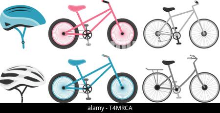 Various bicycles and helmets icons in set collection for design. The type of transport vector symbol stock vector illustration. Stock Vector