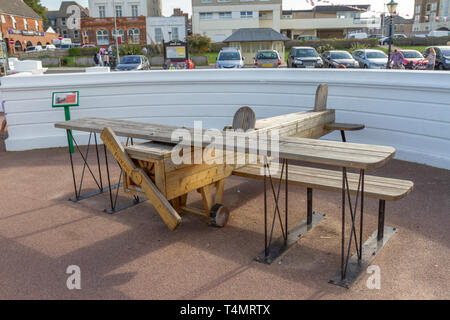 Amy Johnson bench plane designed by Jane Priston on the seafront of Herne Bay, Kent, England. Stock Photo