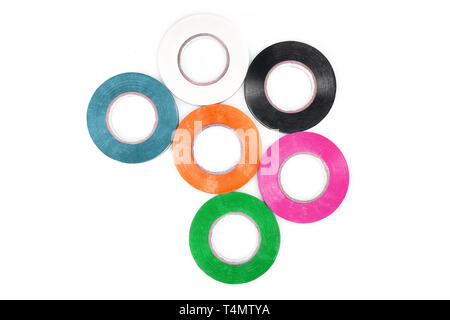 Set of sticky colorful electrical protection tape, circle pattern, good conceptual idea, white isolate background. Stock Photo
