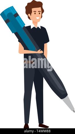 young teacher male with big pen character Stock Vector