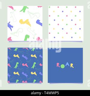 Dino pattern. Seamless tile with dinosaurs and polka. Dino print card for invation birthday party. Silhuette dinosaur and letter roar in scandinavian  Stock Vector