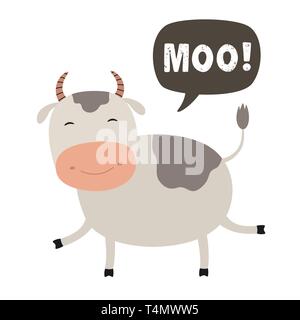 Funny cow cartoon. Talking cloud MOO. Vector Illustration Stock Vector