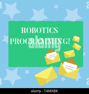 Handwriting text writing Robotics Programming. Conceptual photo software that used to perform autonomous tasks Closed and Open Envelopes with Letter T Stock Photo