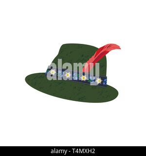 Fedora Felt Hat with Edelweiss on ribbon and Feather. Stock Vector