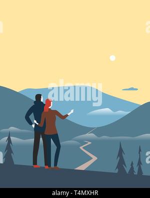 Couple of tourists in high mountains cartoon. Stock Vector