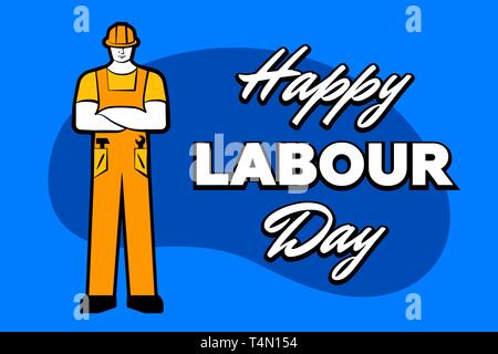 Worker man in yellow construction helmet and inscription Happy labour day. 1 may greeting card. Vector illustration for poster, banner, ad, promotion, Stock Vector