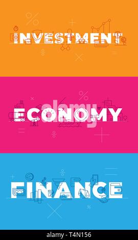 Finance investment economy on blue orange pink background. Conceptual visualization words. Outline vector icons set. Financial management payment sign Stock Vector