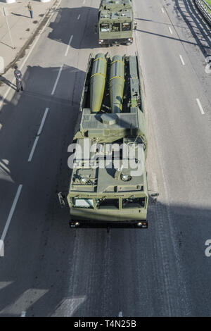 May 7, 2015. Iskander-M transport and load vehicle 9T250-1, returns from Red Square after the Victory Parade rehearsal, top view.