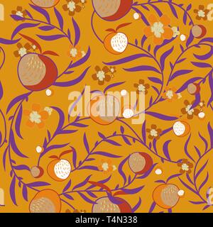 Seamless vector texture with leafs and fruits Stock Vector