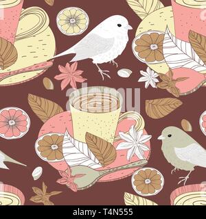 Seamless vector background with drawing tea cups and birds Stock Vector