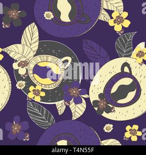 Seamless vector texture with drawing tea cups and leafs Stock Vector
